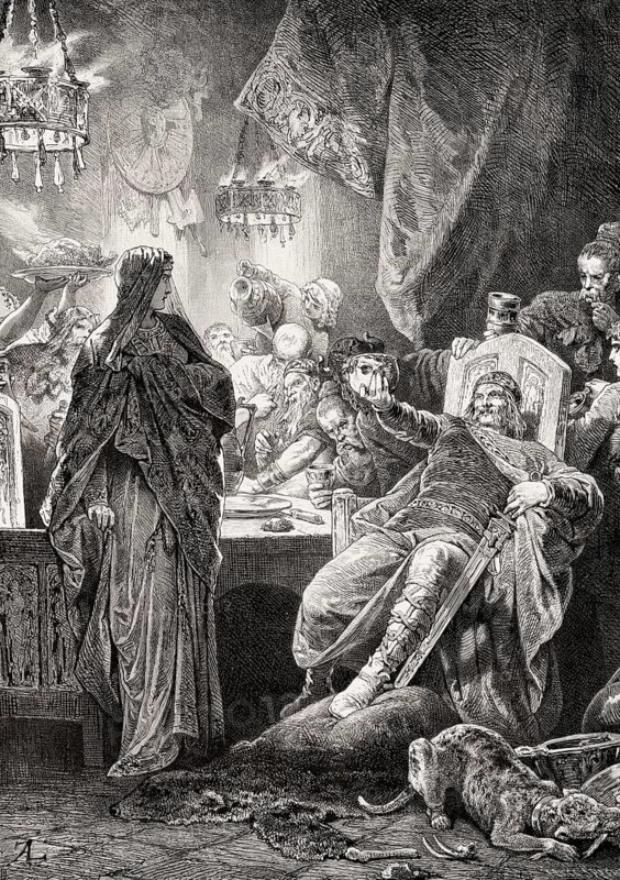 Alboin, king of the Lombards, forcing his wife Rosamund to drink from the skull of her father Cunimund