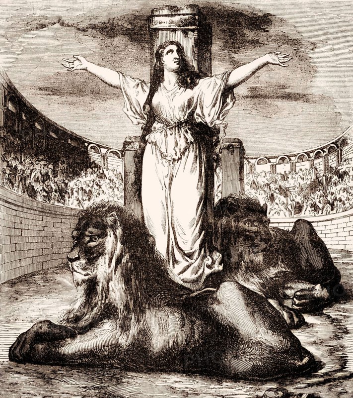 Saint Blandina or Blandine in the arena with lions, died 177 AD, a Christian martyr during the reign of Emperor Marcus Aurelius