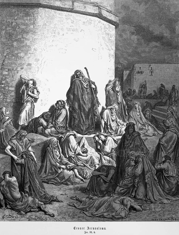 Jeremiah, chapter 39, verse 8, the Chaldeans burned the royal palace and the houses of the people, they tore down the walls of Jerusalem. religion, fear, grief, comfort, despair, death, Old Testament, Bible, steel engraving Doré, historical illustration 1885