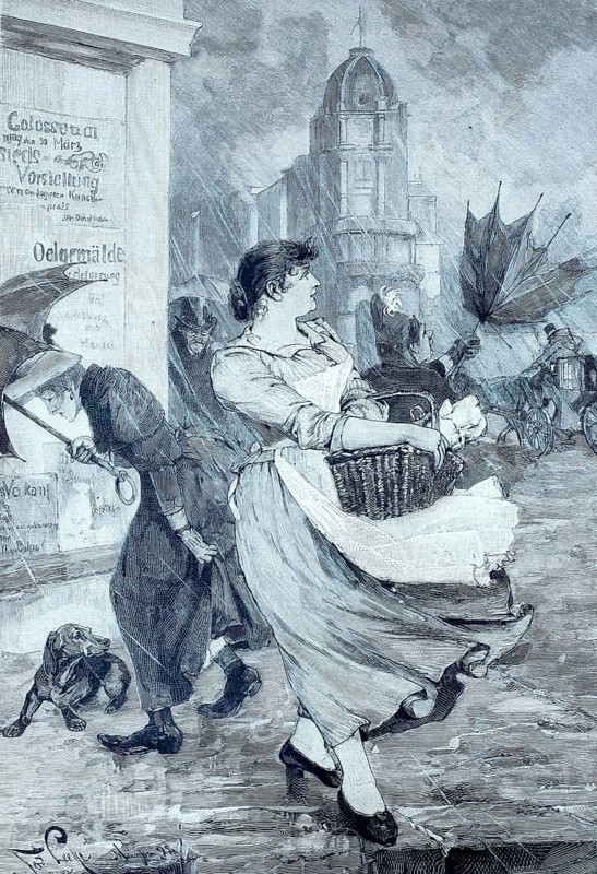 A gust of wind with rain has caught the woman and turned their umbrellas inside out, 1880, Germany, digital reproduction of an original 19th century model, historical, A woman struggles with her umbrella against the wind in an urban environment