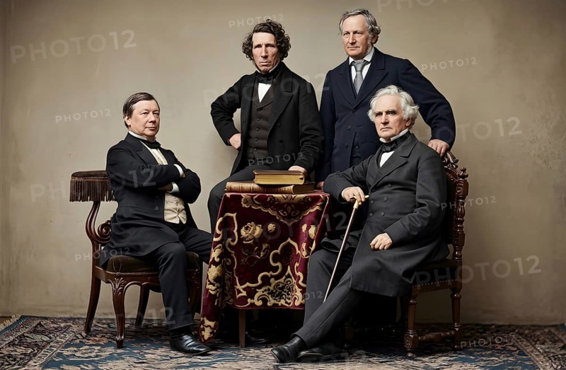 Group photo of German chemists, Hermann Kopp, Friedrich Wöhler, Heinrich Buff, Justus von Liebig, historical figure, digitally edited