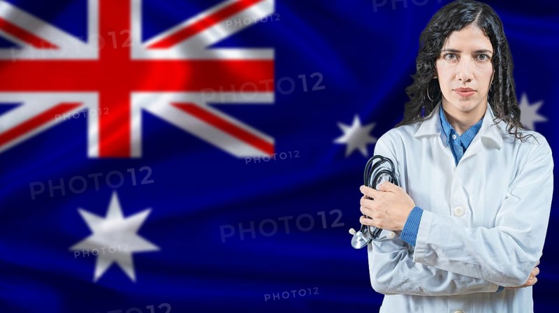 Australian national health system, Medical professional on Australia flag background