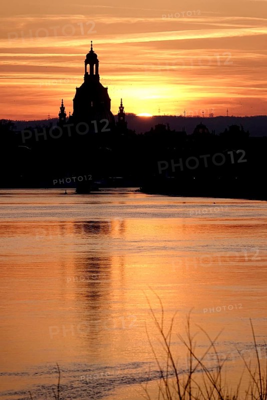 View of Church of Our Lady Dresden across the Elbe, sunset, winter, Saxony, Germany