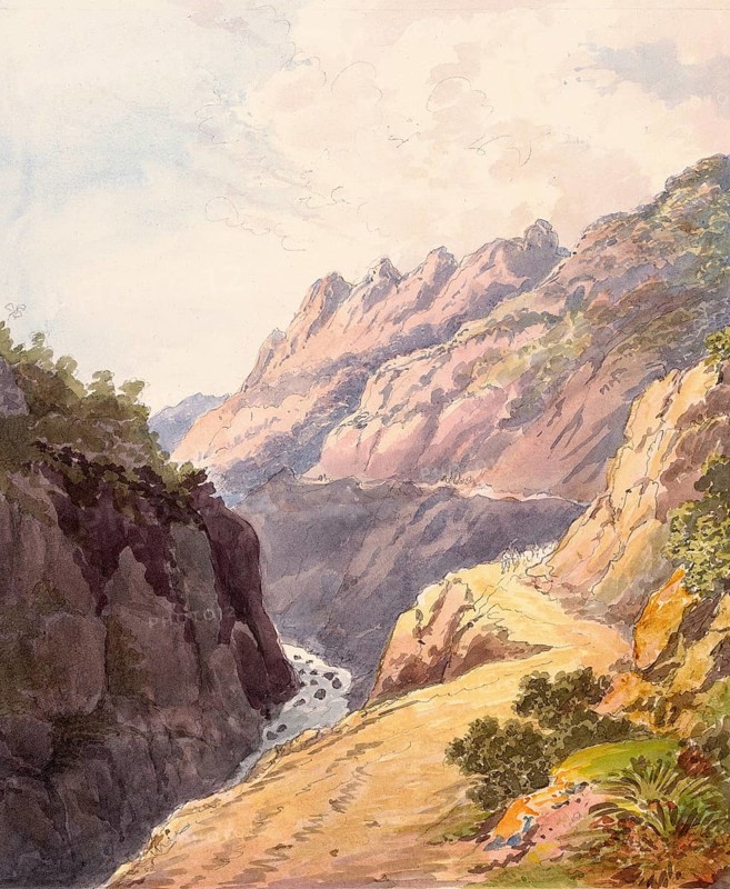 Pass in the Sierra Morena in the south of Spain, digital reproduction of a painting by Charles Hamilton Smith (1776-1859), historical