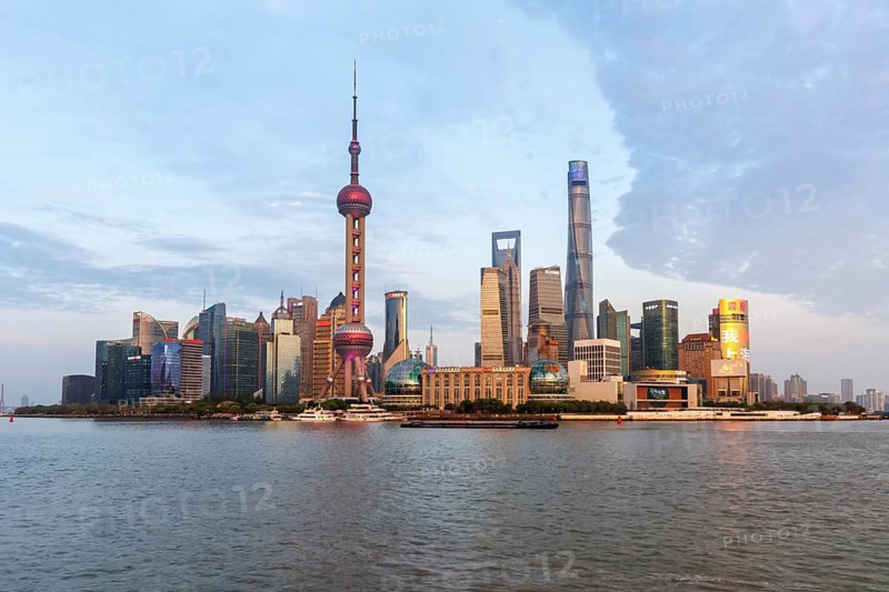 Shanghai skyline at the Bund with Oriental Pearl Tower city centre downtown Pudong in Shanghai, China