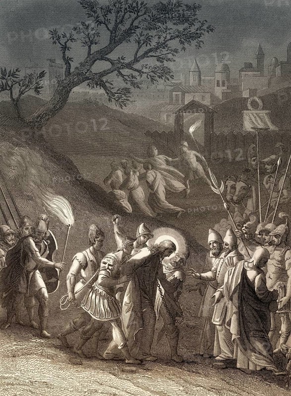 The arrest of Jesus Christ, Garden of Gethsemane, New Testament, steel engraving 1853, digitally restored