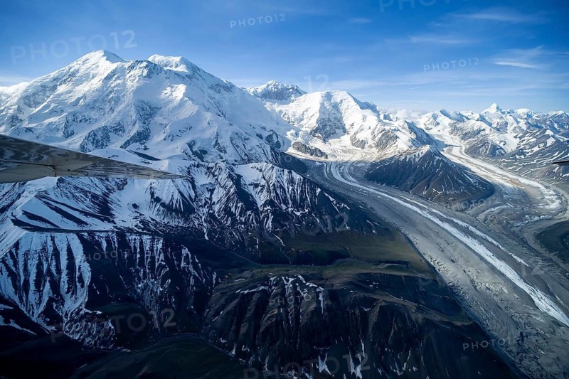 Mt Denali or Mount McKinley with glacier, aerial view, Alaska Range, Denali National Park, Alaska, USA