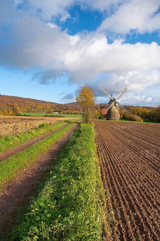 View of the Eisbergen windmill or Röckemann's mill, Porta Westfalica, Minden Lübbecke district, Weserbergland, North Rhine-Westphalia, Germany