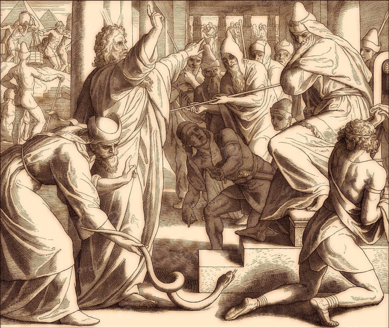 Moses and Aaron Appear before Pharaoh, Staffs to Snakes, Old Testament, by Julius Schnorr von Carolsfeld, 1860