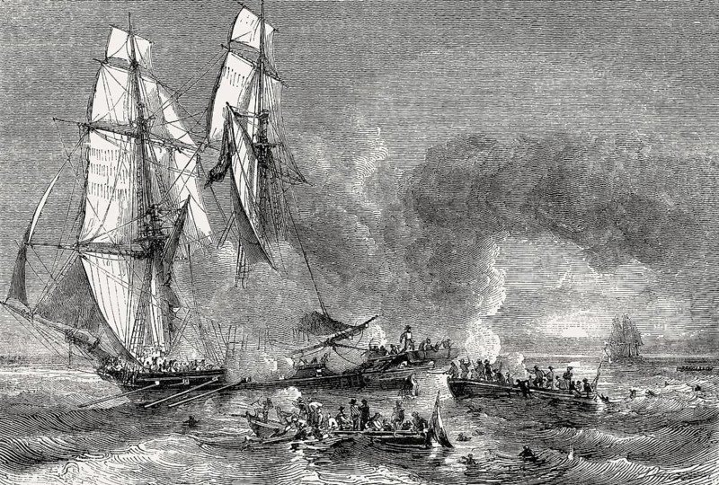 Slavery in Martinique, slave boats escaping from a military ship ridding itself of slaves, 19th century