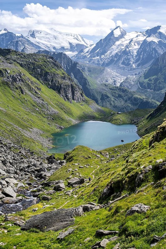 Mountain lake Lac de Louvie with glaciated summit of the Grand Combin, Val de Bagnes, Valais, Switzerland