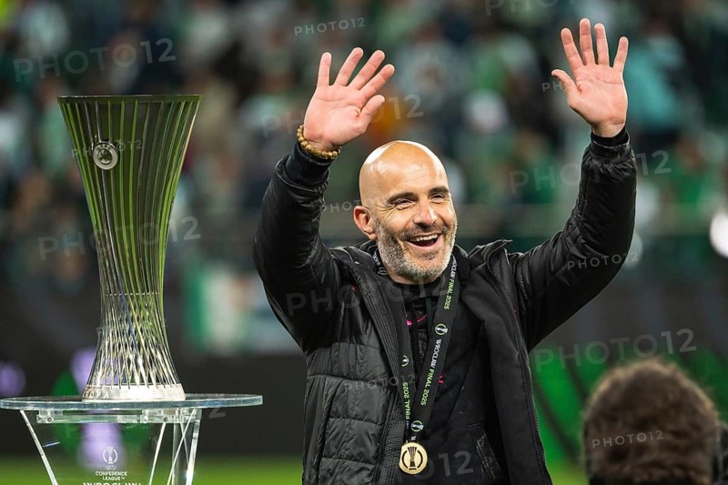 WROCLAW, POLAND - MAY 28, 2025: UEFA Conference League Final Football match Real Betis - Chelsea 1:4. The cup and Enzo Maresca head coach of Chelsea