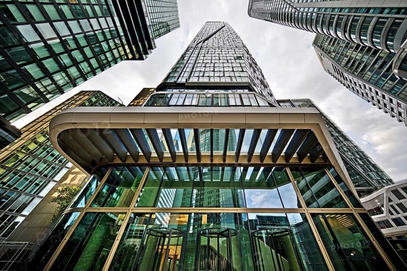 Frog's-eye view of the skyscrapers in the banking district, Four Frankfurt, Frankfurt am Main, Hesse, Germany