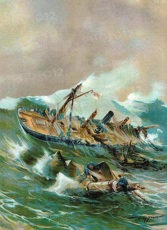 The sinking of the SMS Iltis near Qingdao (Tsingtao), 1896, a gunboat of the Imperial Navy in service of the German island colonies in China, historic painting by Willy Stoewer, der Untergang der SMS Iltis vor Qingdao (Tsingtau), 1896, ein Kanonenboot der Kaiserlichen Marine im Dienst der deutsche Inselkolonien in China, historisches Bild von Willy Stöwer