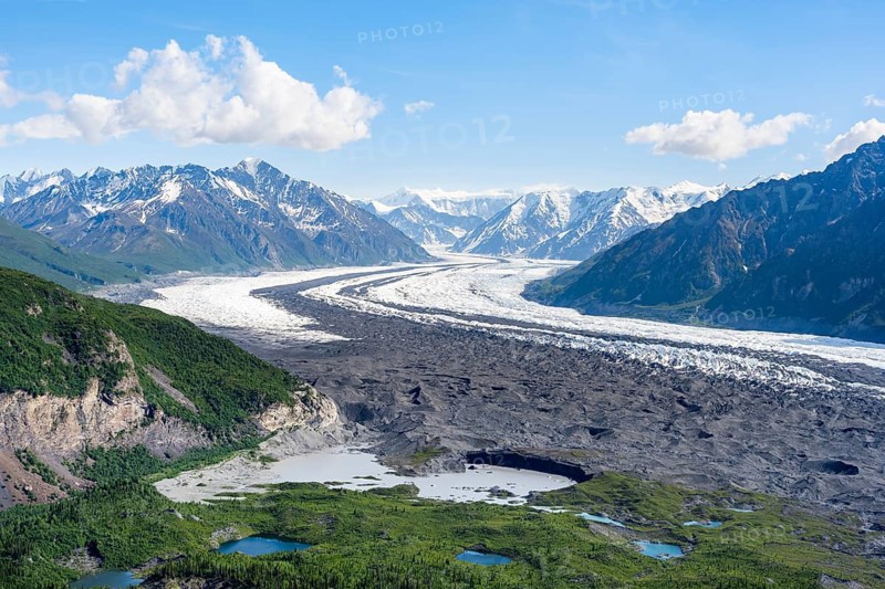 View of impressive mountain landscape with Matanuska glacier and glaciated mountain peaks, Lion's Head, Chugach Mountains, Alaska, USA