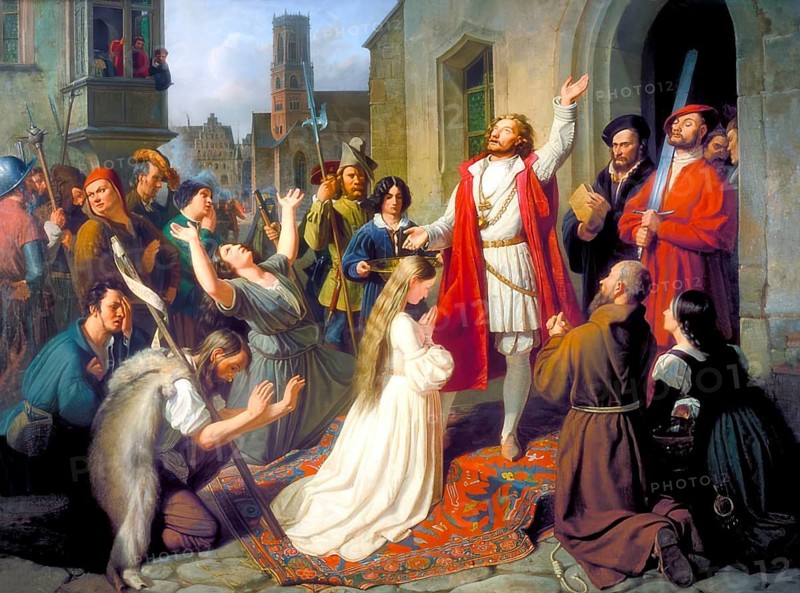King John of Leiden baptizes a girl, anabaptist dominion of Münster, 1534, digitally edited according to a painting by Johann Karl Bähr