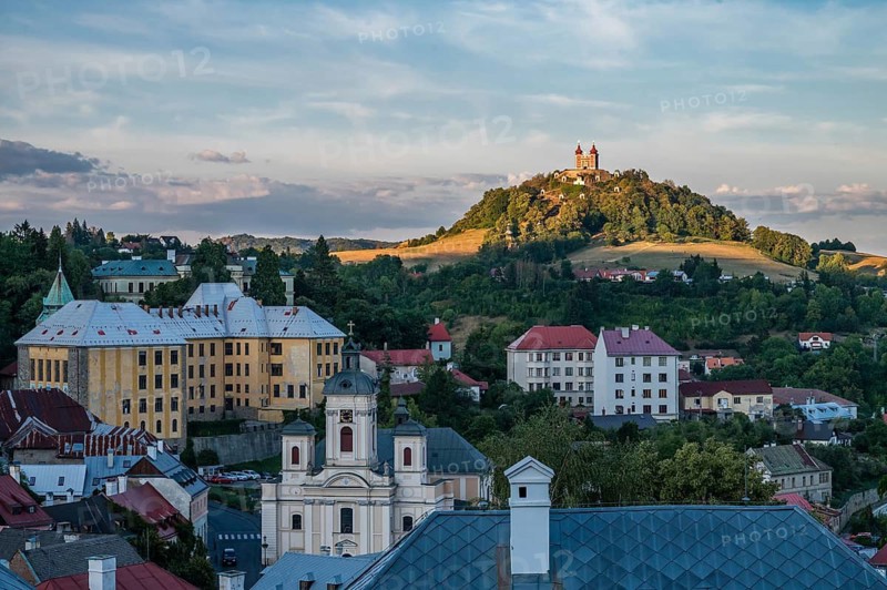 Aerial view over Banska Stiavnica at monastery on the hill, Slovenia