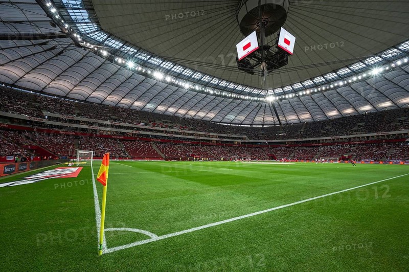 WARSAW, POLAND - JUNE 7, 2024: Friendly soccer match Poland - Ukraine 3:1. Aerial view at hte stadium PGE Narodowy.