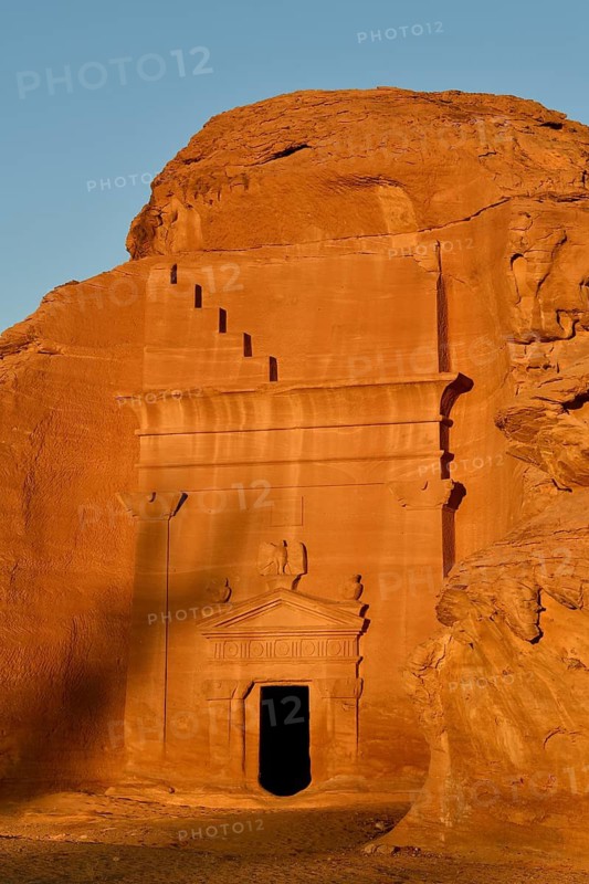 Nabataean tomb at Djabal Khraymat in first daylight, Hegra or Mada'in Salih, AlUla region, Medina province, Saudi Arabia, Arabian Peninsula