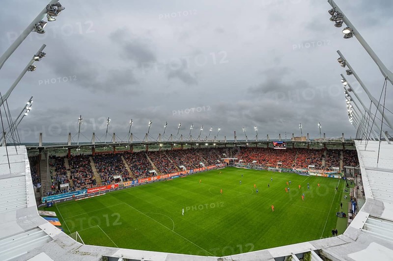 LUBIN, POLAND - AUGUST 6, 2023: Football match Polish PKO Ekstraklasa between KGHM Zaglebie Lubin vs Lech Poznan 1:1. Aerial view at the stadium from the roof.