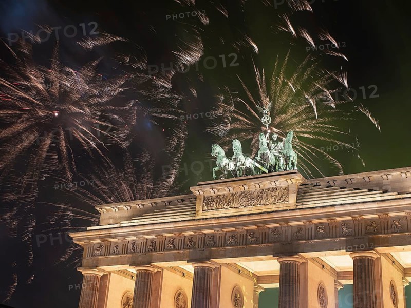 Fireworks over the Brandenburg Gate in Berlin, Germany, during New Year concert and celebrations