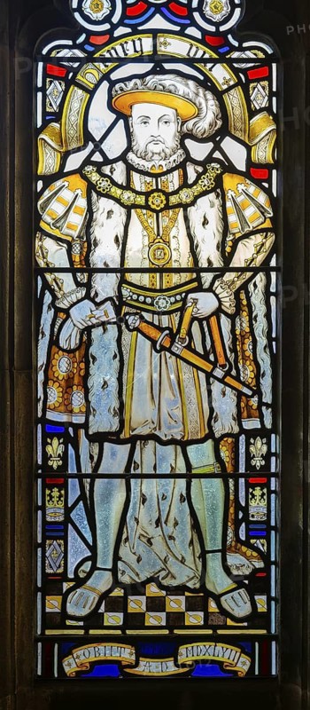 Stained glass window depiction of King Henry VIII, Bristol cathedral church, Bristol, England, UK