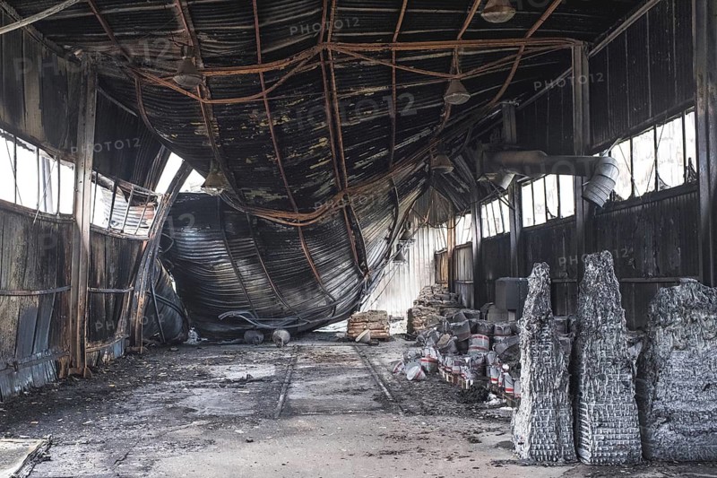 The ruins of a burned factory or warehouse in Lubin, Poland