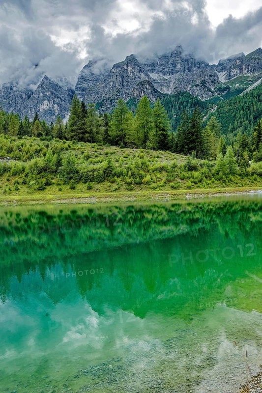 Panoramic lake, mountain lake, Stubai Alps near Telfes and Fulpmes, high mountains of the Alps, weather mood, cloud mood, Tyrol, Austria