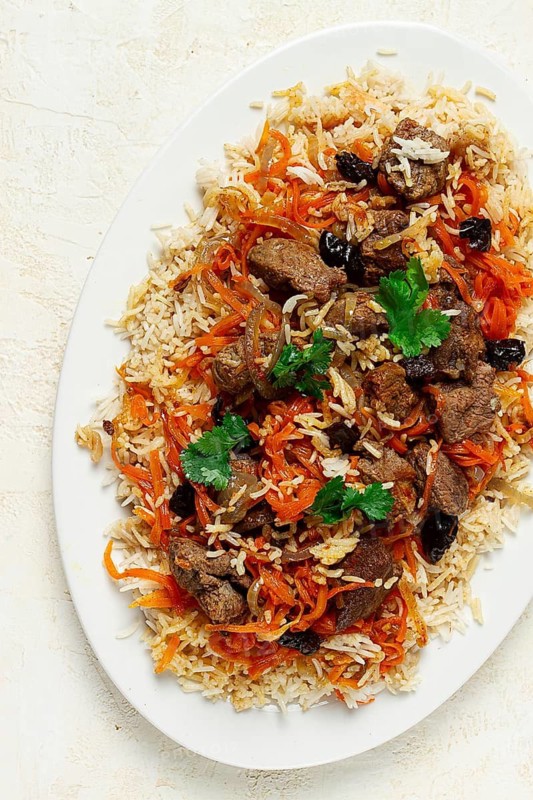 Kabuli pulao, pilaf, the national dish of Afghanistan, rice with meat, homemade, no people