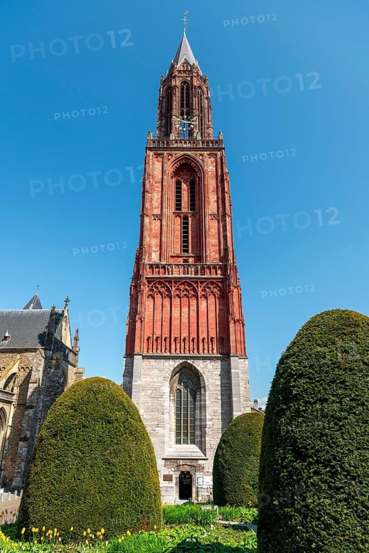 Maastricht, Netherlands, The Protestant Sint Janskerk rises above the carefully tended gardens surrounding it