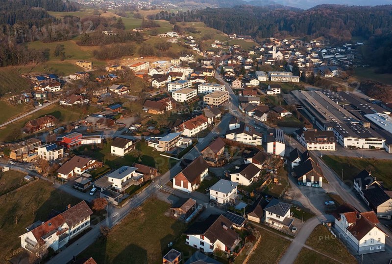 Drone image, residential buildings, residential area, Schlins, Walgau, Vorarlberg, Austria