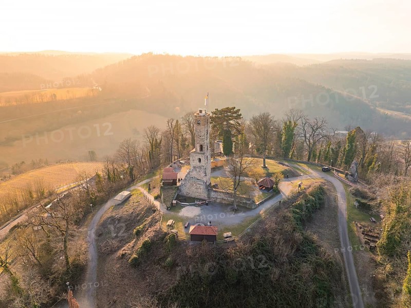 Ruin on a hill with roads and bare trees in a misty landscape at sunset, Löwenstein Castle, Heilbronn district, Germany