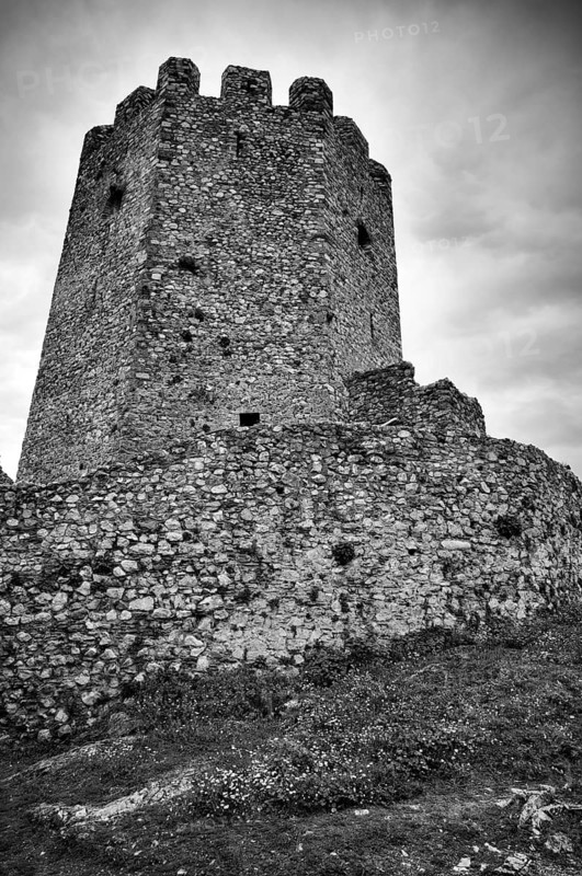 Main tower with defence walls, Castle of Platamonas, Platamon Castle, black and white, Platamonas, Macedonia, Greece