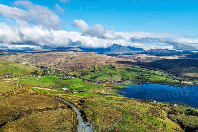 Farms and Moors over Loch Harport from a drone, Drynoch, Isle of Skye, Highlands, Scotland, United Kingdom