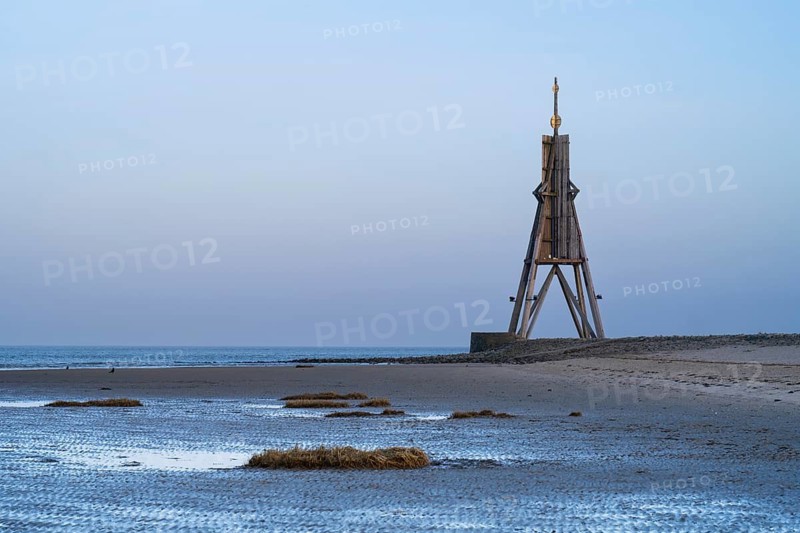 Kugelbake, landmark, twilight, low tide, North Sea, Lower Saxony Wadden Sea National Park, Cuxhaven, Lower Saxony, Germany