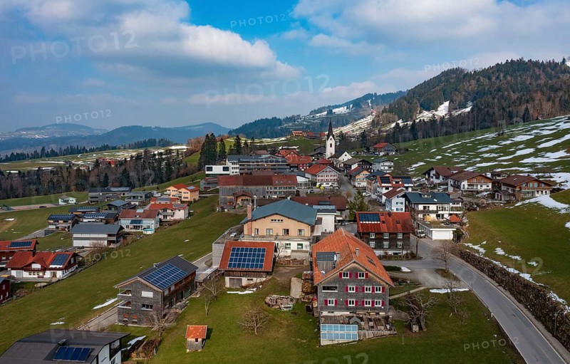 Drone image, residential buildings, settlement area, parish church, Riefensberg, Bregenzerwald, Vorarlberg, Austria