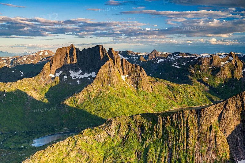 Fjord and mountains, view of Breidtinden peak, Senja, Norway