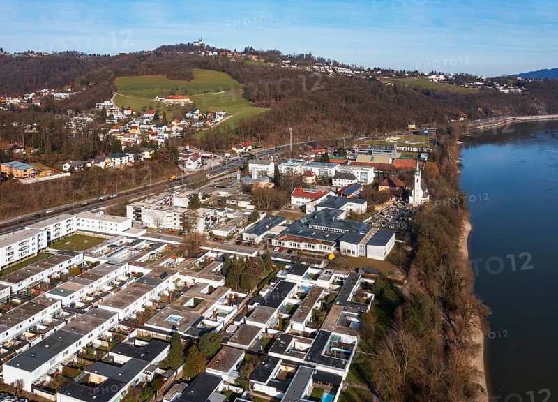 Drone image, housing estate, apartment blocks and high-rise estate, Puchenau, Linz Land district, Danube, Upper Austria, Austria