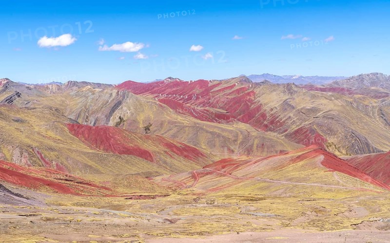 View of the Peruvian Andes near Palccoyo, colourful mountains, Checacupe district, Cusco, Peru