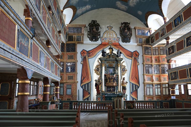 Interior, view to the pulpit altar, Cathedral of the Rhön, Protestant church, Helmershausen, Rhönblick parish, Schmalkalden-Meiningen district, Thuringia, Germany