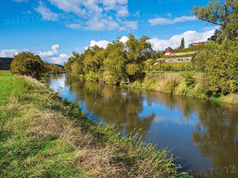 The river Unstrut between Freyburg and Naumburg, in the background the Max Klinger vineyard with the artist's etching house, Naumburg, Saxony-Anhalt, Germany