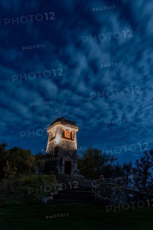 Illuminated Bismarck Tower, Großer Wartberg, cloudy sky, Niederndodeleben, Hohe Börde, Saxony-Anhalt, Germany