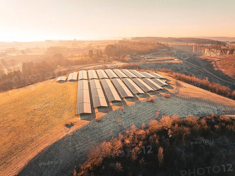 Large solar park in the middle of rural, sun-drenched fields, Magstadt, Germany