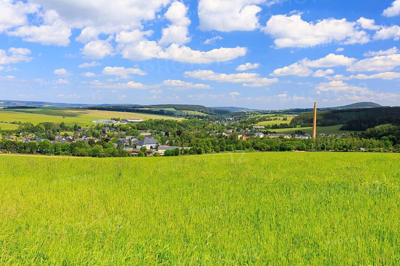 View of Cranzahl, in the background Annaberg-Buchholz and Pöhlberg, Erzgebirge, Saxony, Germany