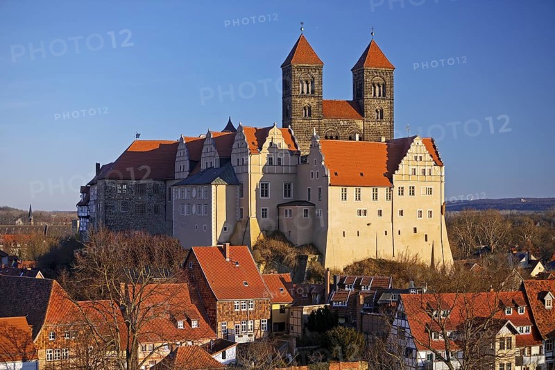 Castle hill ensemble with St Servatius collegiate church on the castle hill above the old town, Quedlinburg, Saxony-Anhalt, Germany