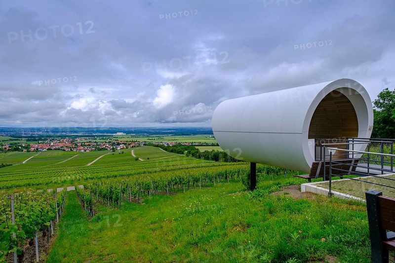 Terroir f, viewpoint in the vineyards on the Schwanberg near Rödelsee, Steigerwald nature park Park, Lower Franconia, Franconia, Germany