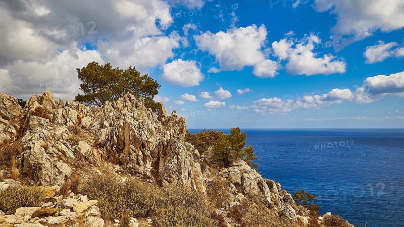 Steep rock formations with trees in front of the blue sea and a cloudy sky, near Kato Lakkos Beach, Kato Lakkos, East Coast, Karpathos, Dodecanese, Greek Islands, Greece