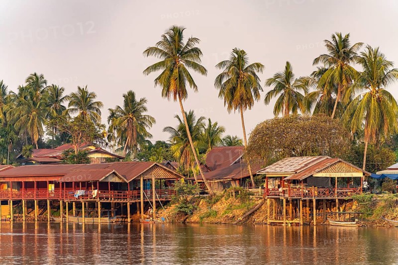 Stilt houses on the Mekong on Don Khon Island, Si Phan Don, Champasak Province, Laos