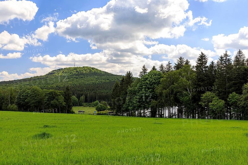Bärenstein Mountain and Cranzahl Dam at the foot of the mountain, Sehmatal, Erzgebirge, Saxony, Germany