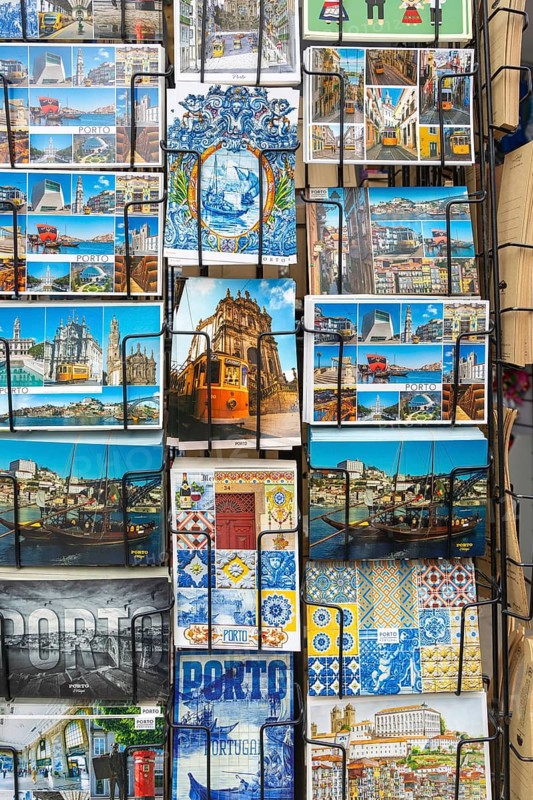 Display rack of picture postcards, city of Porto, Portugal
